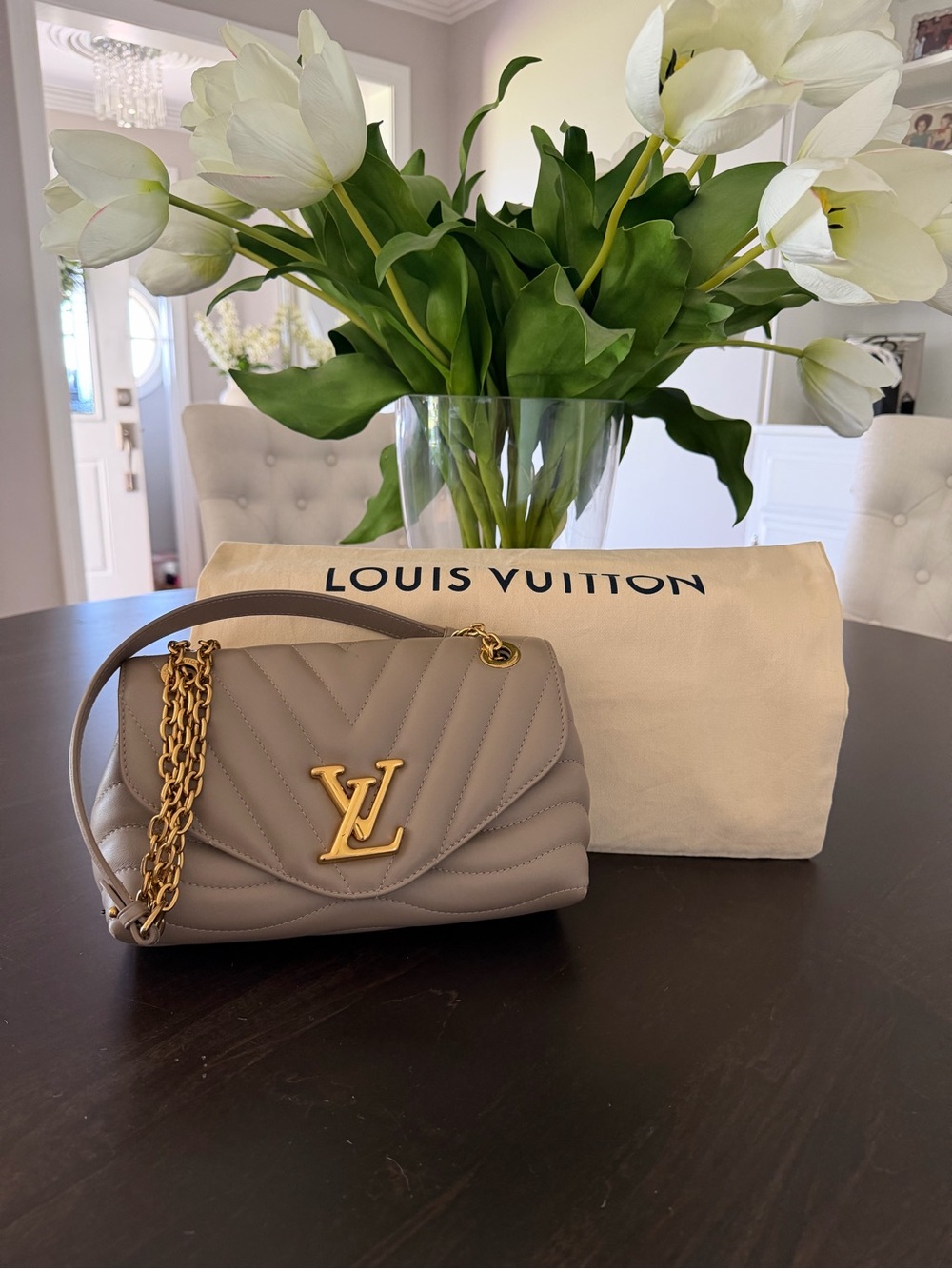 Louis Vuitton Taupe Quilted Chevron Shoulder Bag with Gold Hardware